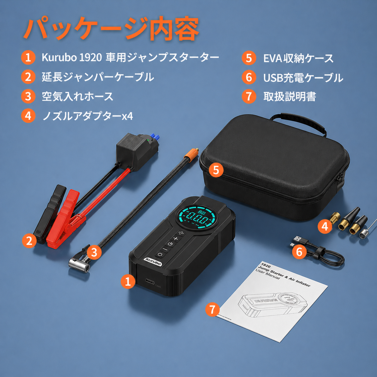 Kurubo™ 12V車対応 ジャンプスターター エアポンプ一体型🚗🔋